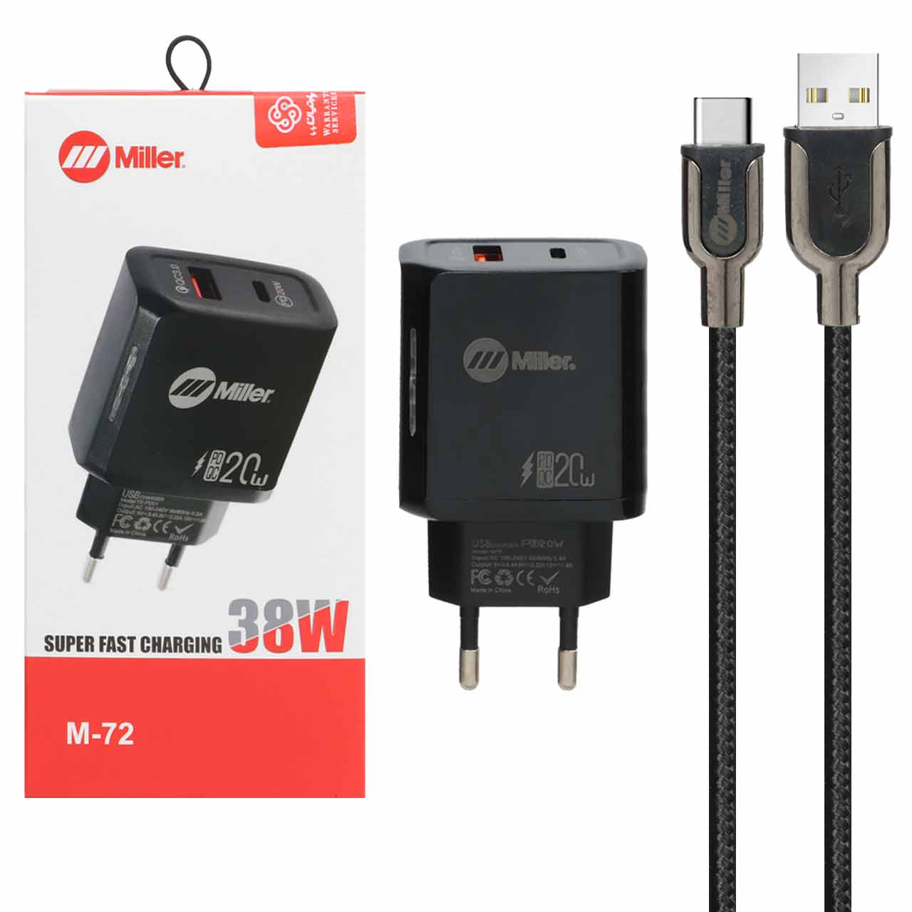 شارژر دیواری سوپر فست و PD دو پورت Miller مدل M-72 38W به همراه کابل شارژ Type-C - مشکی (گارانتی پارتیان پایا)